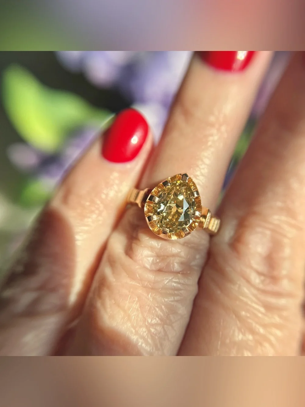 2.14 carat GIA Fancy Yellow-Brown Antique Cut Pear Natural Diamond Ring